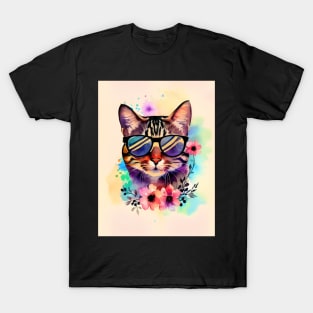 Cool Cat with Sunglasses Watercolor Flowers Kitty T-Shirt